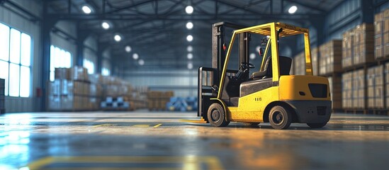 Poster - Interior of warehouse dock load cargo electric forklift pallet jack with large shipment goods pallet. Creative Banner. Copyspace image