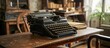 © HN Works - Black retro typewriter on a unique wooden desk a mid century modern chair and a renovated bookcase in a hipster home office interior Real photo. Creative Banner. Copyspace image