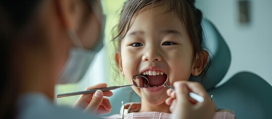 Poster - Dental kid health examination Doctor examines oral cavity of little child uses mouth mirror to checking teeth cavity Asian dentist making examination procedure for smiling cute little girl