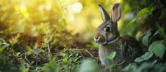 Poster - a pet rabbit looks at the camera in the grass in the outhouse. Creative Banner. Copyspace image