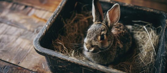 Poster - Bunny sitting in a litter box Top view shot of cute rabbit. Creative Banner. Copyspace image