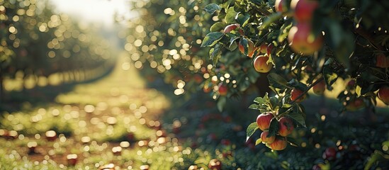 Poster - Apple trees in an orchard with ripe apples ready for harvest. Creative Banner. Copyspace image