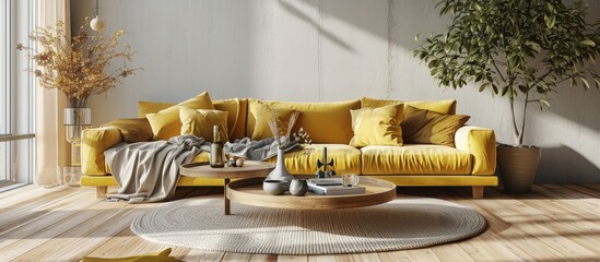 Aufkleber - Bright and minimalist living room with comfortable cushions and gray blanket on a yellow sofa round tables and a wooden floor. Creative Banner. Copyspace image