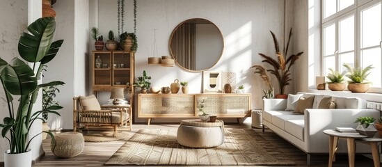 Wall Mural - Interior design of ethnic living room with modern commode round mirror decoration furniture and personal accessories Template White wall. Creative Banner. Copyspace image