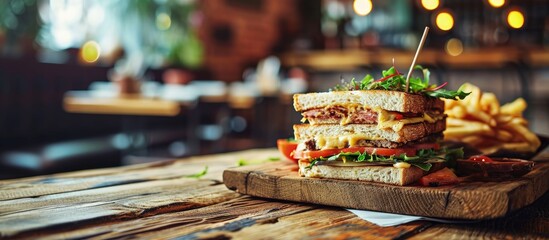Canvas Print - Club sandwich on wooden board on a table in a cafe. Creative Banner. Copyspace image