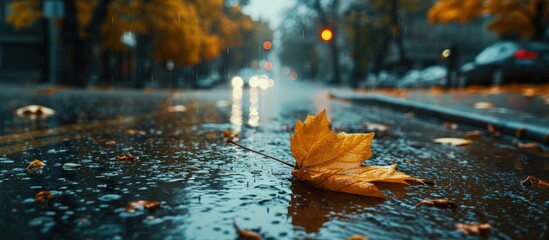 Poster - fallen yellow leaf and rain drops on a car windshield with city road in the background toned effect.