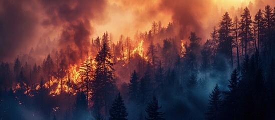 Poster - fire wildfire at sunset burning pine forest in the smoke and flames. Creative Banner. Copyspace image