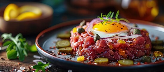 Sticker - beef tartare with egg yolk capers sliced pickles and onion selective focus. creative banner. copyspa