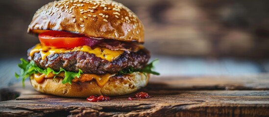 Poster - Burger with meat and cheese on wooden board. Creative Banner. Copyspace image