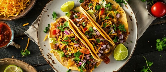 Poster - Ground Beef Tacos with shredded cheddar cheese fresh lettuce tomato onion on a white plate with lime wedges horizontal view from above mexican cuisine flat lay free space. Creative Banner
