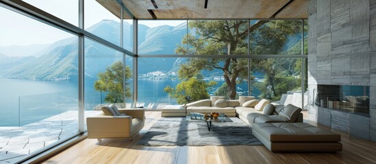 Poster - Beautiful Living Room with View in Luxury Home. Creative Banner. Copyspace image