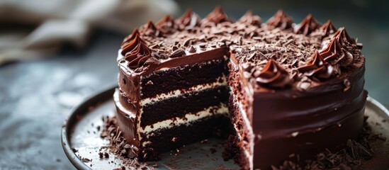 Front view of a triple layered chocolate cake with a large slice removed. Creative Banner. Copyspace image