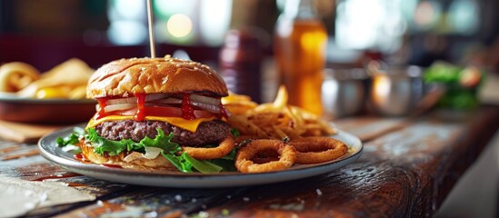 Poster - burger with onion rings and barbecue sauce with pepperjack cheese on plate. Creative Banner. Copyspace image