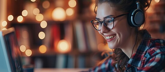 Poster - Anonymous girl in headphones sitting at table and listening to friendly teacher smiles and tells interesting stories during online lesson at home. Creative Banner. Copyspace image