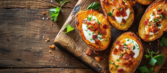 Poster - Homemade Loaded Crispy Potato Skins with Sour Cream and Bacon. Creative Banner. Copyspace image