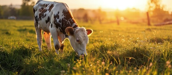 Poster - Calf eating green grass at sunset Farm baby animal. Creative Banner. Copyspace image