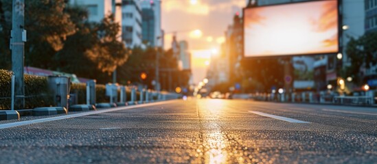 Sticker - Long billboard in blured city near the road A beam of sunlight on the roadway Mock up. Creative Banner. Copyspace image