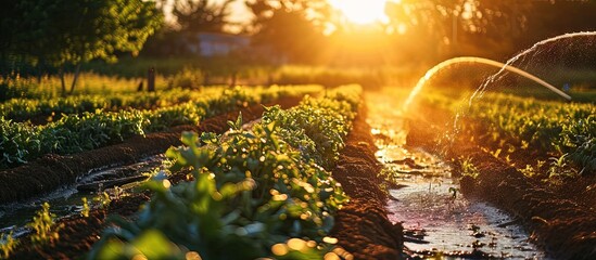 Poster - Irrigation system in summer on open countryside. Creative Banner. Copyspace image