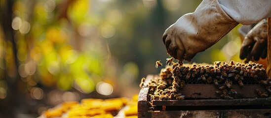 Poster - Beekeeping or apiculture care of the bees working hand on honey apiary also bee yard with beehives and working beekeepers in australian outback honey bee on the honeycomb or flying home