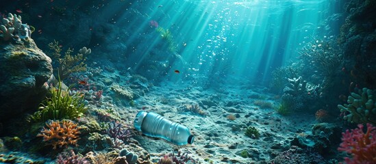 Aufkleber - A very old non biodegradable plastic bottle on the sea floor on a tropical coral reef. Creative Banner. Copyspace image