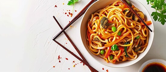 Poster - Japanese food vegetable noodles in Teriyaki sauce served in a bowl with chopsticks on the side. Creative Banner. Copyspace image