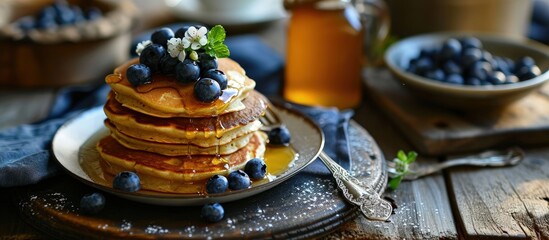 Sticker - image shows a homemade fluffy pancake with blueberry on the top situation is decorated with rustiv wooden table placemat silver cutlery honey glass. Creative Banner. Copyspace image