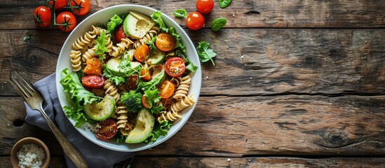 Aufkleber - Healthy Chicken Pasta Salad with Avocado Tomato and olive oil and vinegar dressing in white bowl on white wood table vertical view from above free space. Creative Banner. Copyspace image