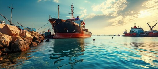 Sticker - Bulk carrier ship is loading in a port on a sunny day Red sea Saudi Arabia. Creative Banner. Copyspace image