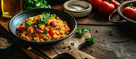 Aufkleber - Bulgur pilaf with vegetables Turkish cuisine delicacies fine bulgur tomato paste olive oil salt pepper lemon juice pomegranate syrup spring onion and parsley bulgur salad Copy space. Creative Banner