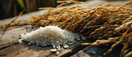 Sticker - Cooked rice with dry ears of jasmine rice and wooden table. Creative Banner. Copyspace image