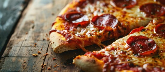 Poster - Hot pizza slice with Pepperoni melting cheese on a rustic wooden table close up. Creative Banner. Copyspace image