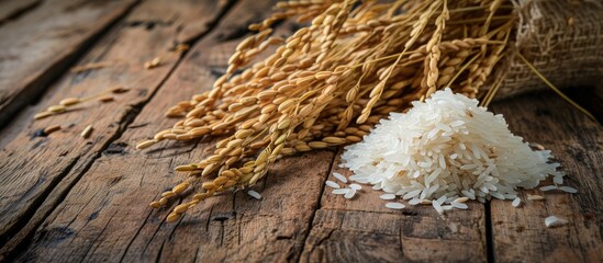 Aufkleber - Cooked rice with dry ears of jasmine rice and wooden table. Creative Banner. Copyspace image