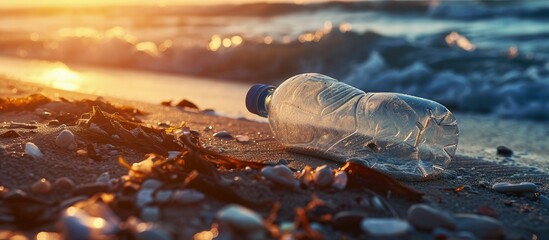 Poster - A plastic bottle lies on the sandy beach and pollutes the sea and the life of marine life The concept of pollution control of the seas and oceans by plastic Beat Plastic Pollution. Creative Banner