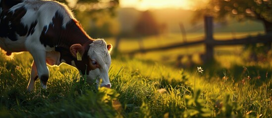 Poster - Calf eating green grass at sunset Farm baby animal. Creative Banner. Copyspace image