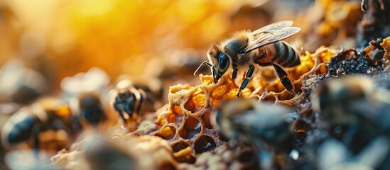 Poster - a close up shot of bees in a bee hive with honey combs working together at the middle of the day producing honey. Creative Banner. Copyspace image