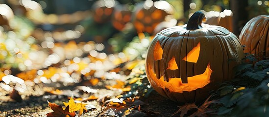 Poster - Halloween Jack o Lantern pumpkins outdoor. Creative Banner. Copyspace image