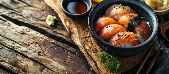 Aufkleber - Beautifully decorated sushi on a plate Sushi is the traditional Asian food Roll of sushi prepared from raw fish and a special rice Diet healthy food. Creative Banner. Copyspace image