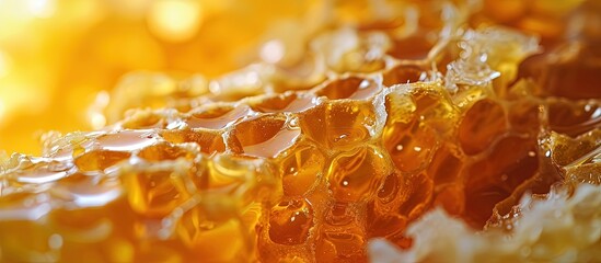 Poster - honey from long storage turned from liquid to solid crystallized and solidified honey from natural ingredients created by honey bees. Creative Banner. Copyspace image