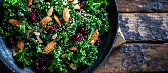 Poster - Healthy raw kale and quinoa salad with cranberry and almonds. Creative Banner. Copyspace image