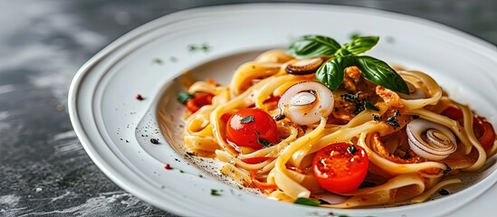 Wall Mural - Linguine pasta with squid and cherry tomato in tomato sauce in white plate. Creative Banner. Copyspace image