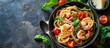 Healthy whole grain linguine with shrimps asparagus cherry tomatoes fresh Parmesan cheese and oregano. Creative Banner. Copyspace image