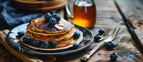 Canvas Print - image shows a homemade fluffy pancake with blueberry on the top situation is decorated with rustiv wooden table placemat silver cutlery honey glass. Creative Banner. Copyspace image