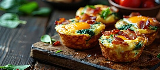 Poster - Healthy spinach and bacon egg muffins high protein and low carb breakfast. Creative Banner. Copyspace image