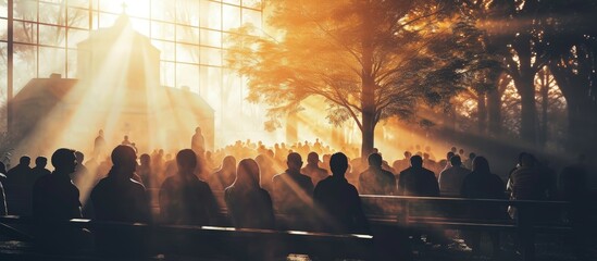 Aufkleber - Christians are congregants join hands to pray and seek the blessings of God the Holy Bible They were reading the Bible and sharing the gospel with copy space. Creative Banner. Copyspace image