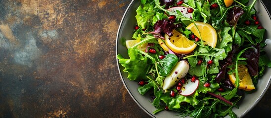 Colorful winter salad with mixed greens Belgian endives and pomegranate seeds. Creative Banner. Copyspace image