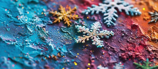 Poster - Macro of snowflakes on a bright multicolored backround. Creative Banner. Copyspace image