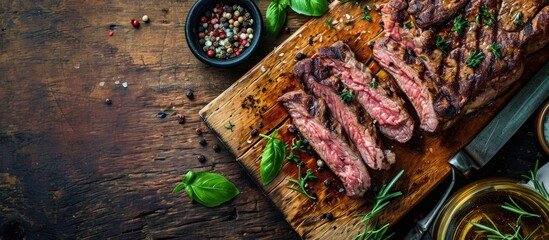 Aufkleber - Grilled beef steak with spices On cutting board Top view flat lay. Creative Banner. Copyspace image