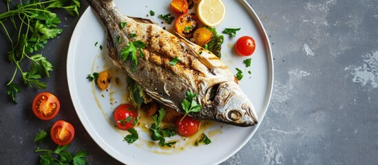 Poster - Dorado on grill on a white plate on white concrete table. Creative Banner. Copyspace image