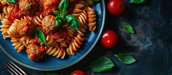 Poster - Close up of Italian pasta with tomato sauce and meatballs in blue plate. Creative Banner. Copyspace image
