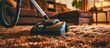 Brown carpet with vacuum cleaner in living room. Creative Banner. Copyspace image